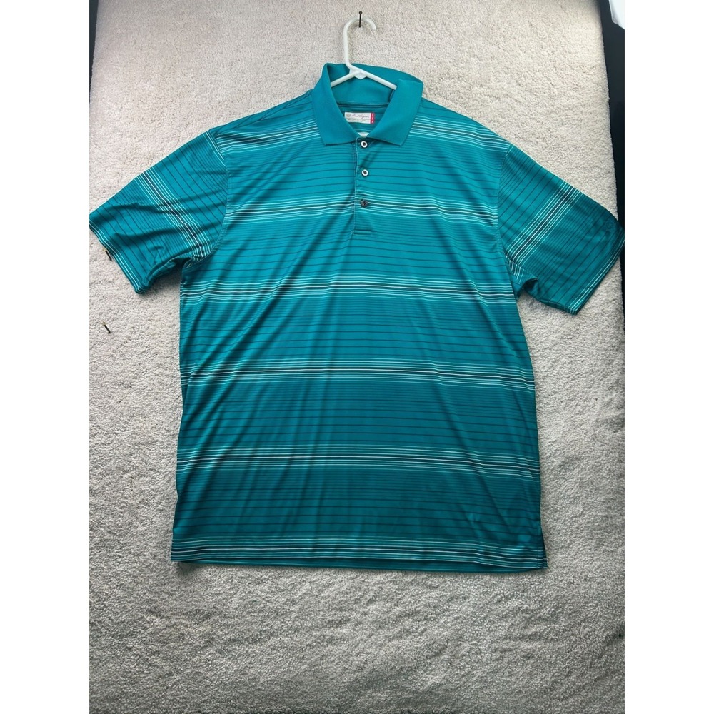 Ben Hogan Mens XXL Turquoise Striped Polo Shirt 100% Polyester Short Sleeve Golf